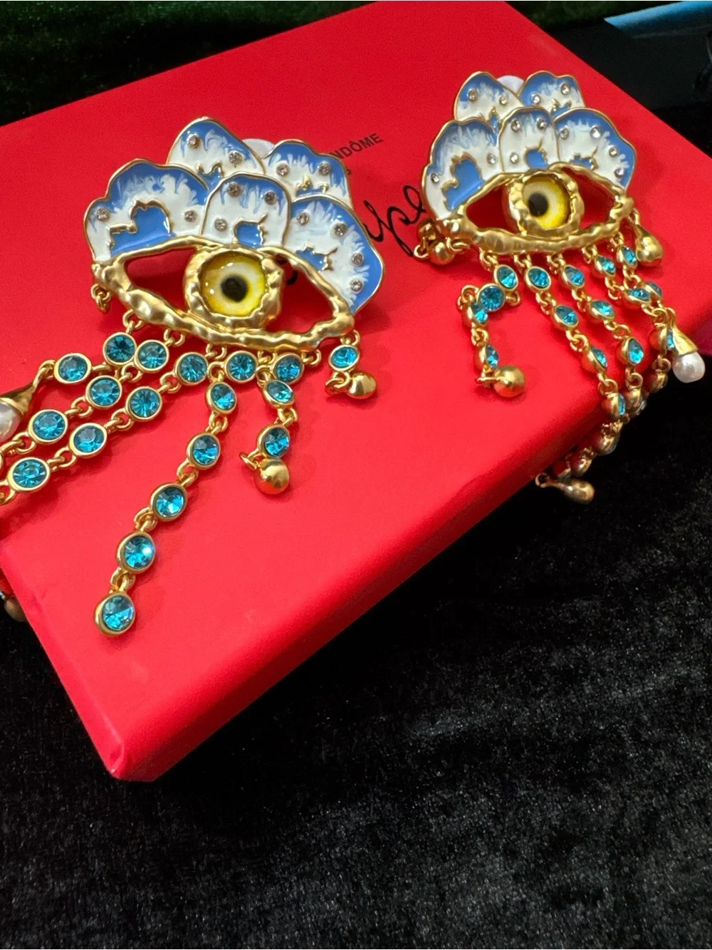 Schiaparelli inspired Eyelash Dangle Earrings - Gold Tone with blue crystals